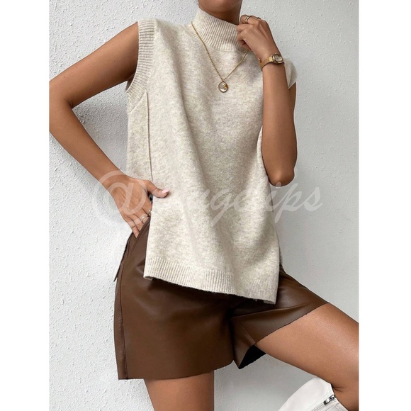 Beige High Neck Knit Vest Sleeveless Sweater Top Side Slits - Picture 2 of 14